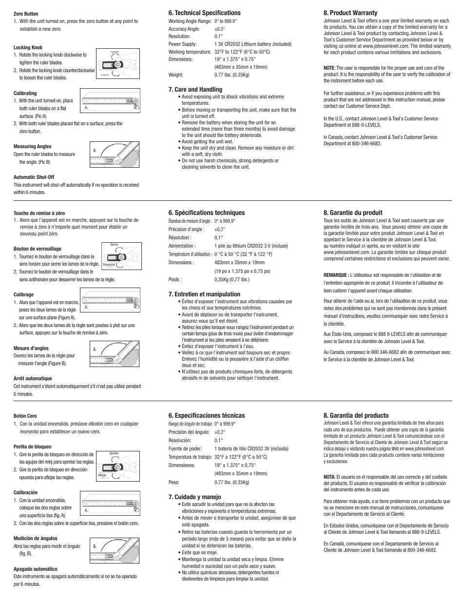 Technical specifications, Product warranty, Spécifications techniques | Garantie du produit, Especificaciones técnicas, Garantía del producto | Johnson Level & Tool Mfg. 1888-1900 User Manual | Page 2 / 2