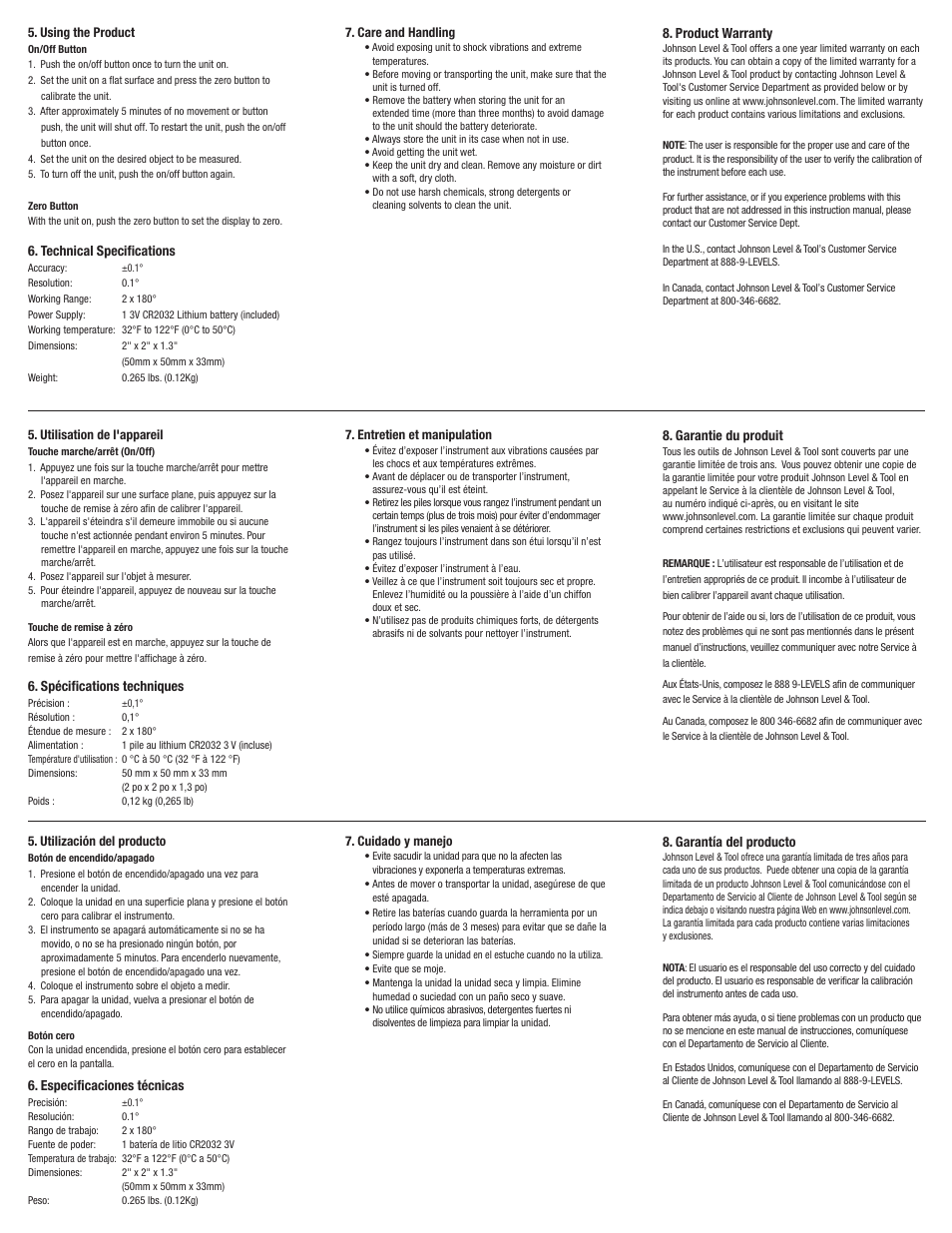 Technical specifications, Product warranty, Spécifications techniques | Garantie du produit, Especificaciones técnicas, Garantía del producto | Johnson Level & Tool Mfg. 1886-0100 User Manual | Page 2 / 2
