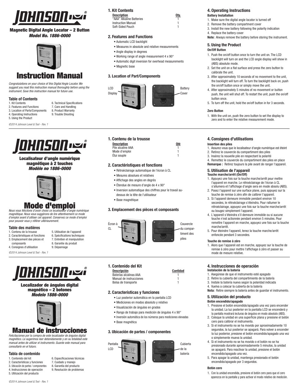 Johnson Level & Tool Mfg. 1886-0000 User Manual | 2 pages