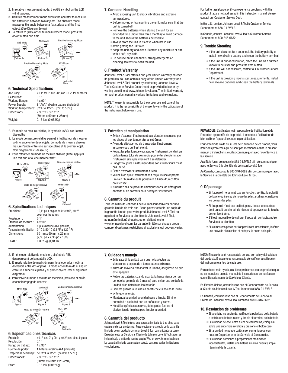 Product warranty, Garantie du produit, Garantía del producto | Especificaciones técnicas, Spécifications techniques, Technical specifications, Care and handling, Trouble shooting, Entretien et manipulation, Dépannage | Johnson Level & Tool Mfg. 1886-0000 User Manual | Page 2 / 2