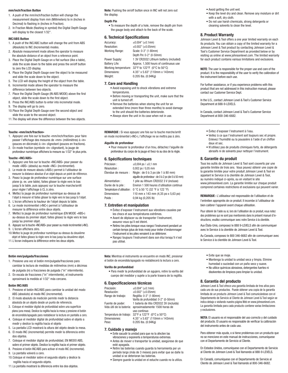 Technical specifications, Product warranty, Spécifications techniques | Garantie du produit, Especificaciones técnicas, Garantía del producto | Johnson Level & Tool Mfg. 1887-0000 User Manual | Page 2 / 2