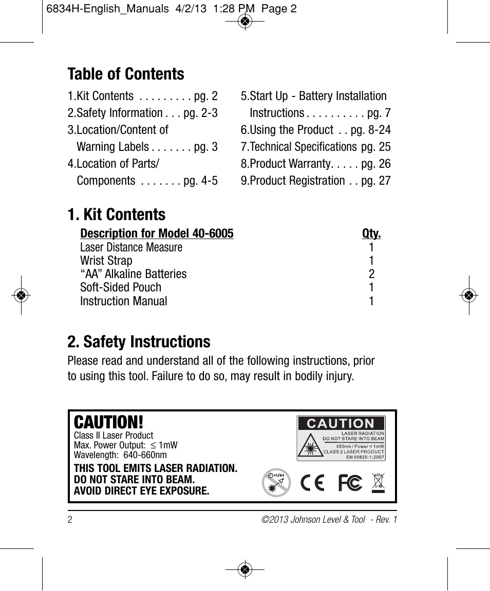 Johnson Level & Tool Mfg. 40-6005 User Manual | Page 2 / 28