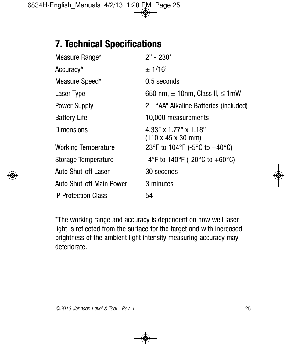 Technical specifications | Johnson Level & Tool Mfg. 40-6005 User Manual | Page 25 / 28