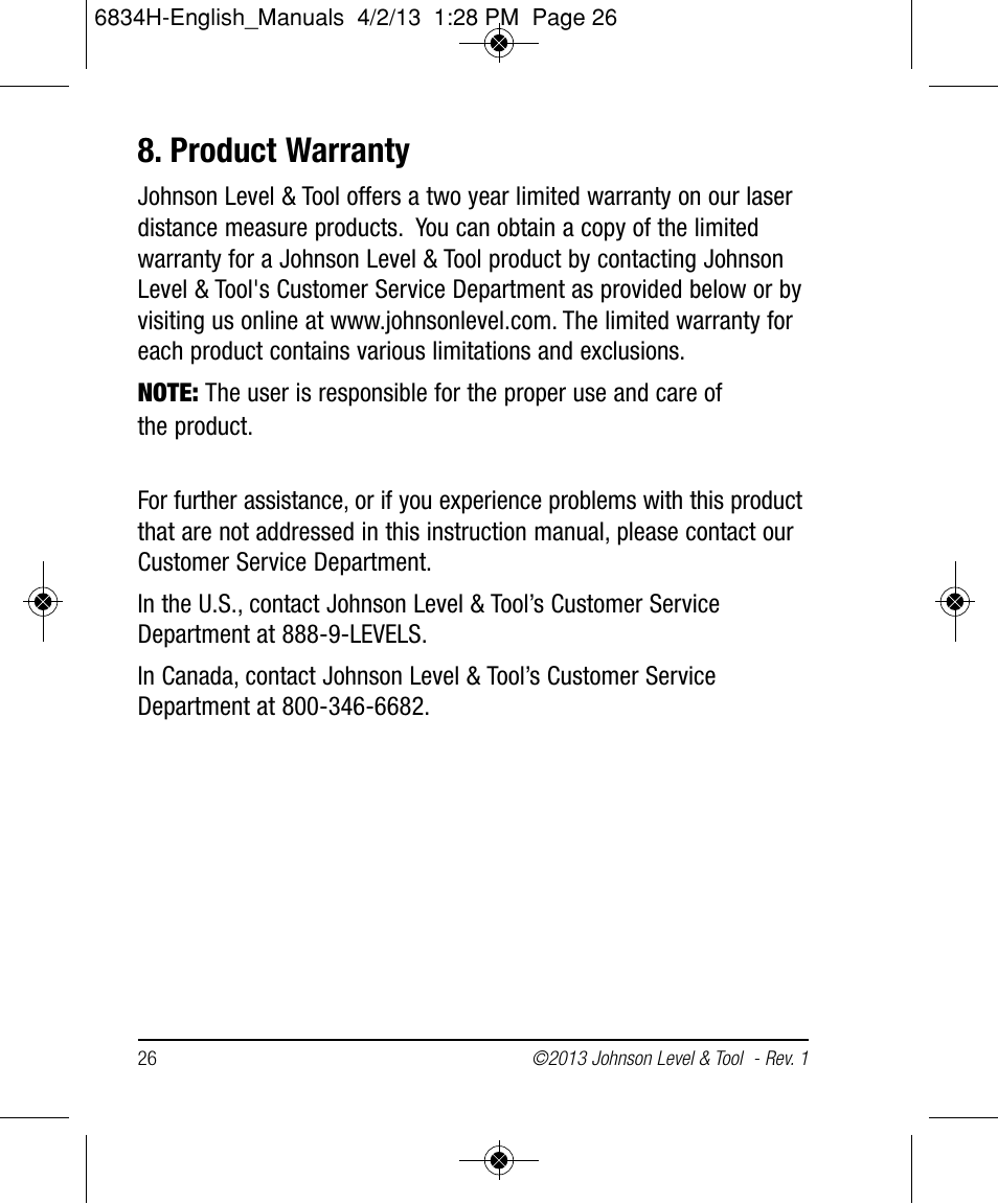 Product warranty | Johnson Level & Tool Mfg. 40-6005 User Manual | Page 26 / 28