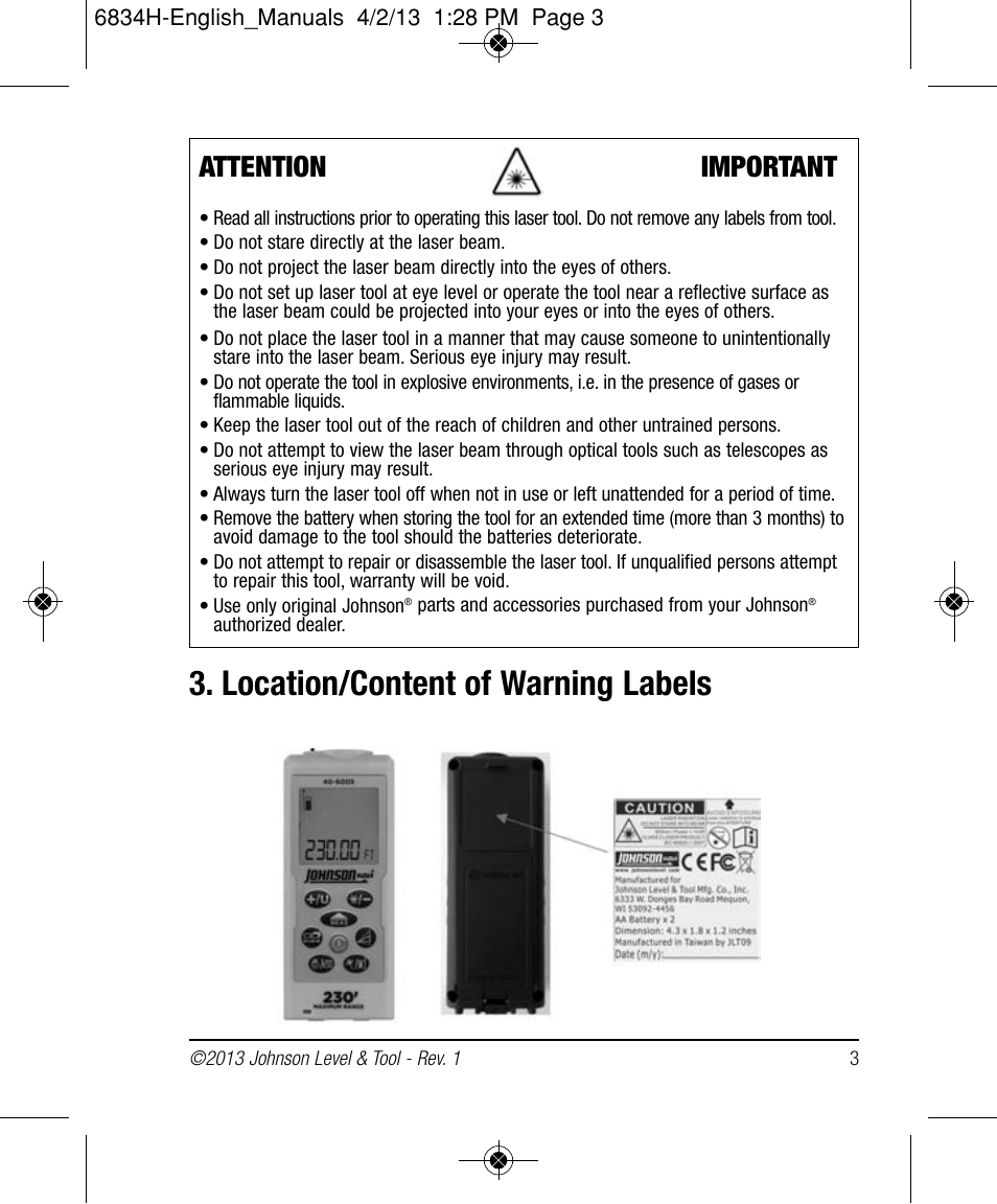 Location/content of warning labels, Attention important | Johnson Level & Tool Mfg. 40-6005 User Manual | Page 3 / 28