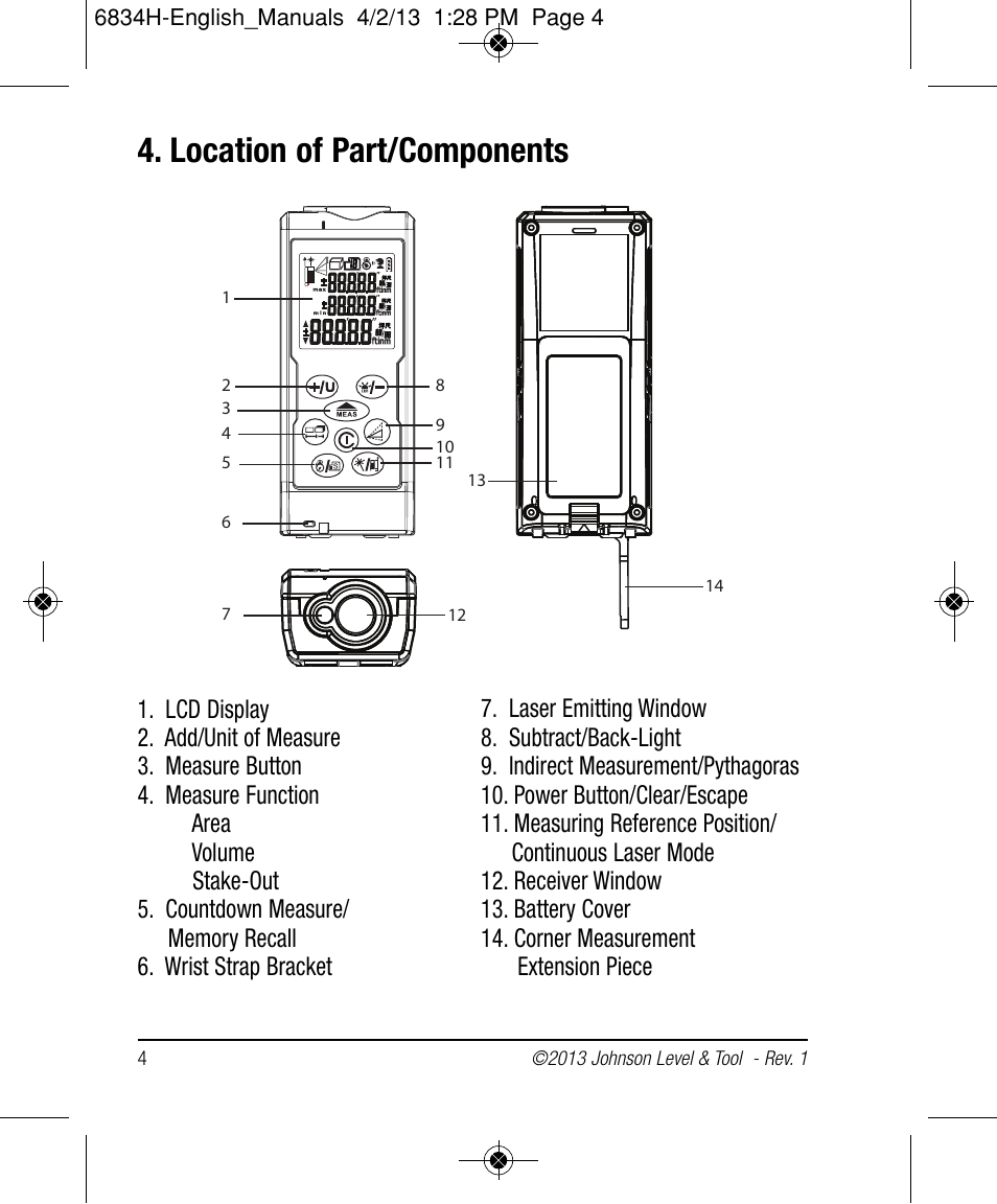 Location of part/components | Johnson Level & Tool Mfg. 40-6005 User Manual | Page 4 / 28