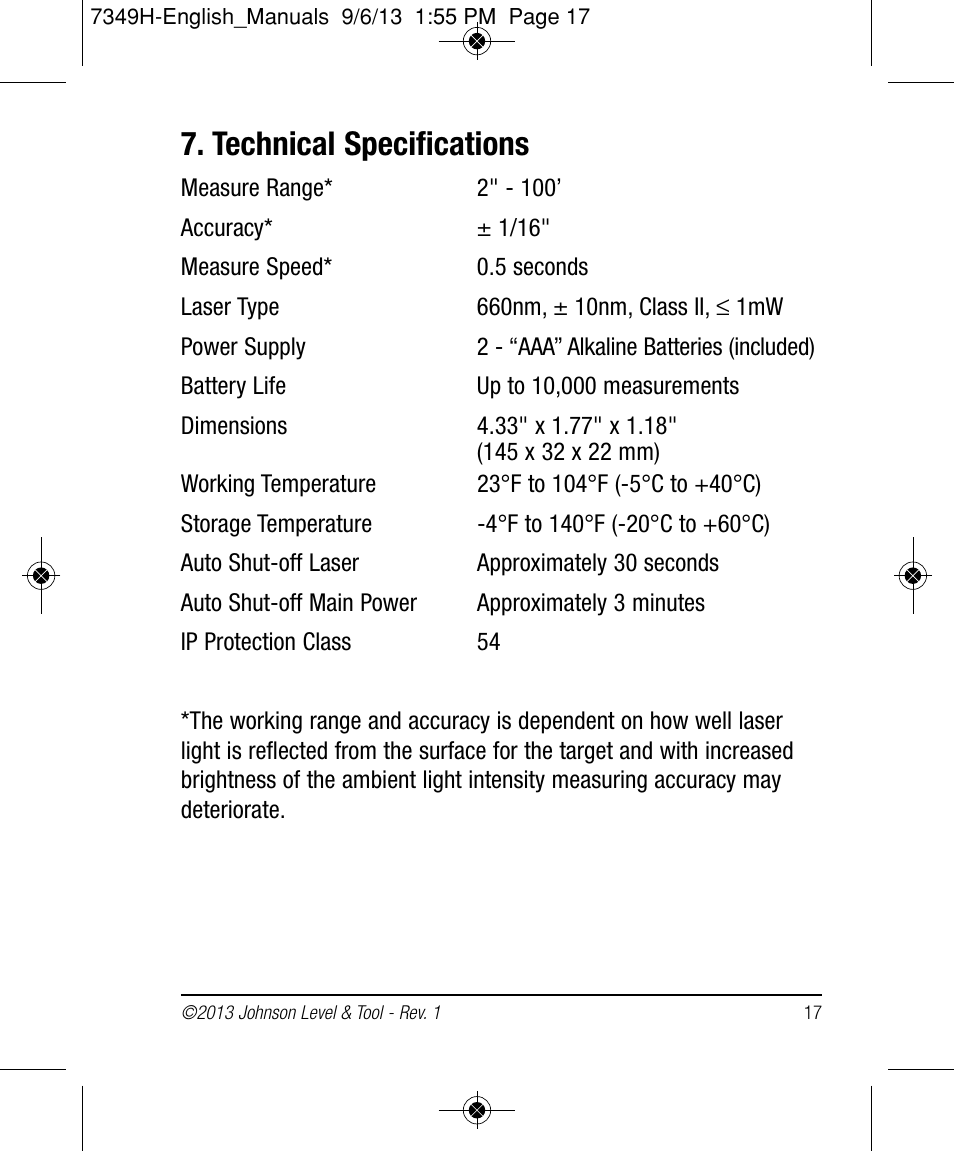 Technical specifications | Johnson Level & Tool Mfg. 40-6006 User Manual | Page 17 / 20
