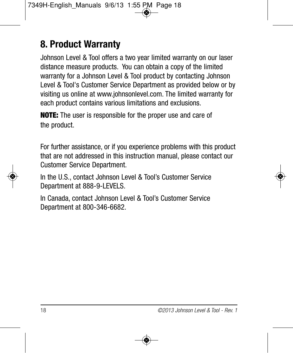 Product warranty | Johnson Level & Tool Mfg. 40-6006 User Manual | Page 18 / 20