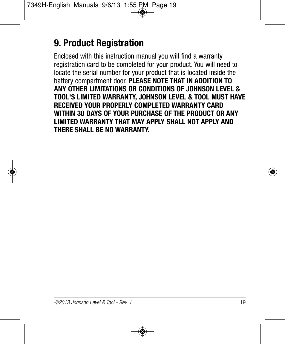 Product registration | Johnson Level & Tool Mfg. 40-6006 User Manual | Page 19 / 20