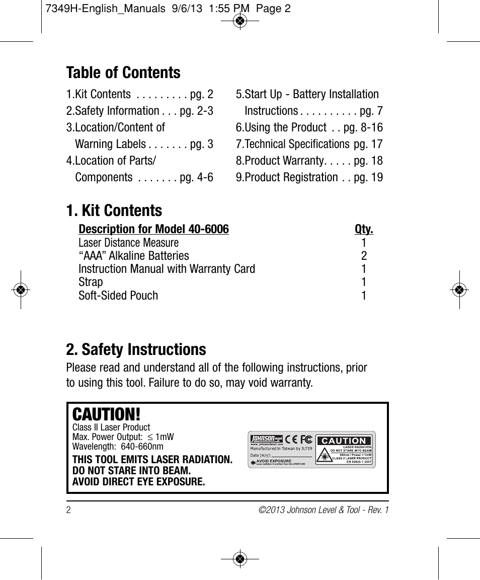 Johnson Level & Tool Mfg. 40-6006 User Manual | Page 2 / 20