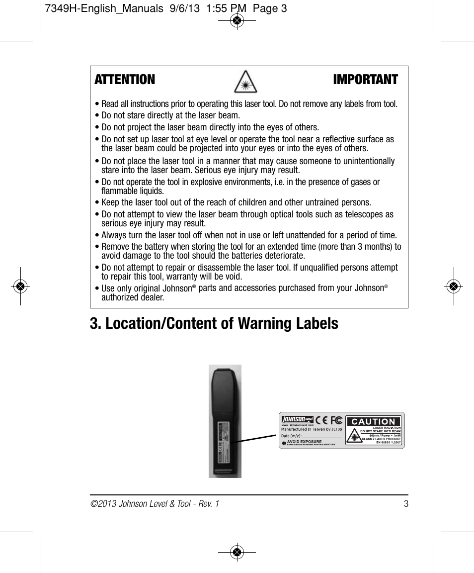 Location/content of warning labels, Attention important | Johnson Level & Tool Mfg. 40-6006 User Manual | Page 3 / 20
