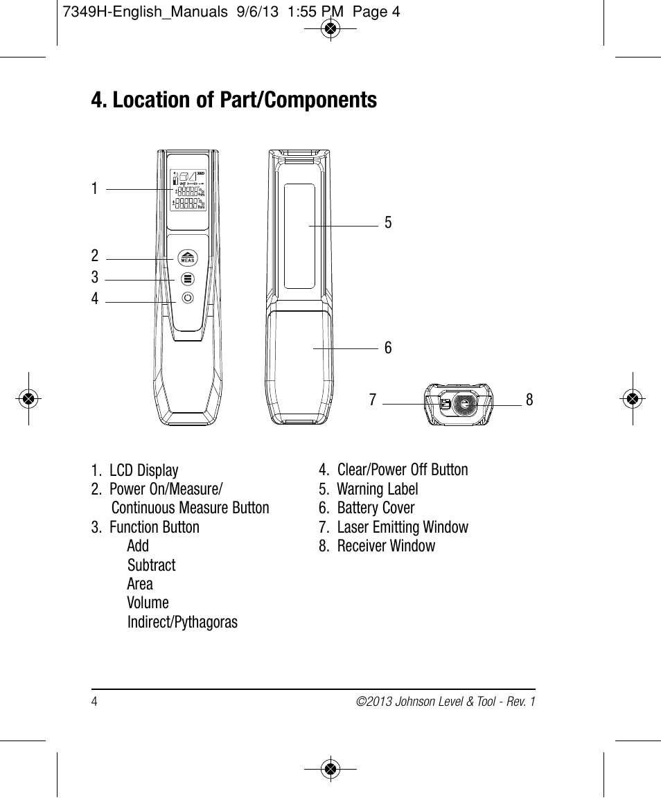 Location of part/components | Johnson Level & Tool Mfg. 40-6006 User Manual | Page 4 / 20