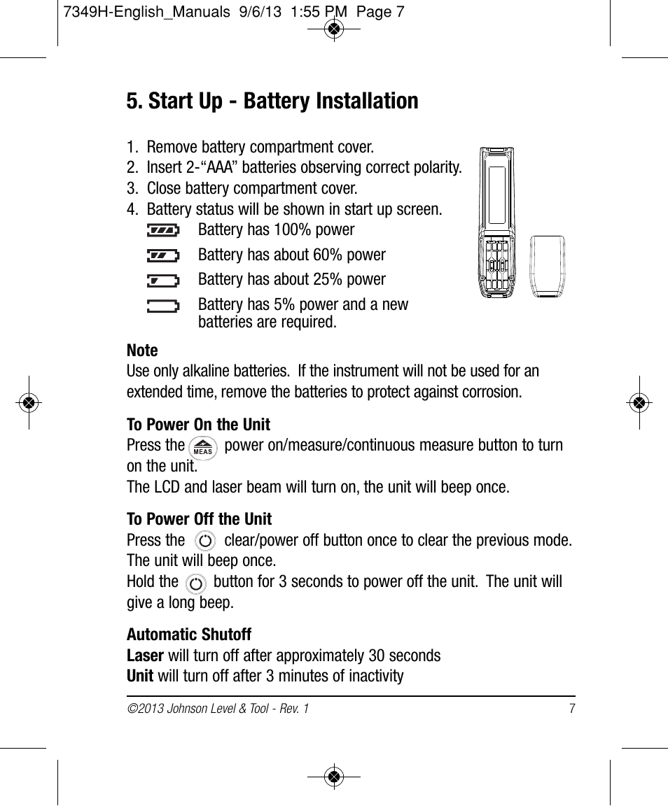 Start up - battery installation | Johnson Level & Tool Mfg. 40-6006 User Manual | Page 7 / 20