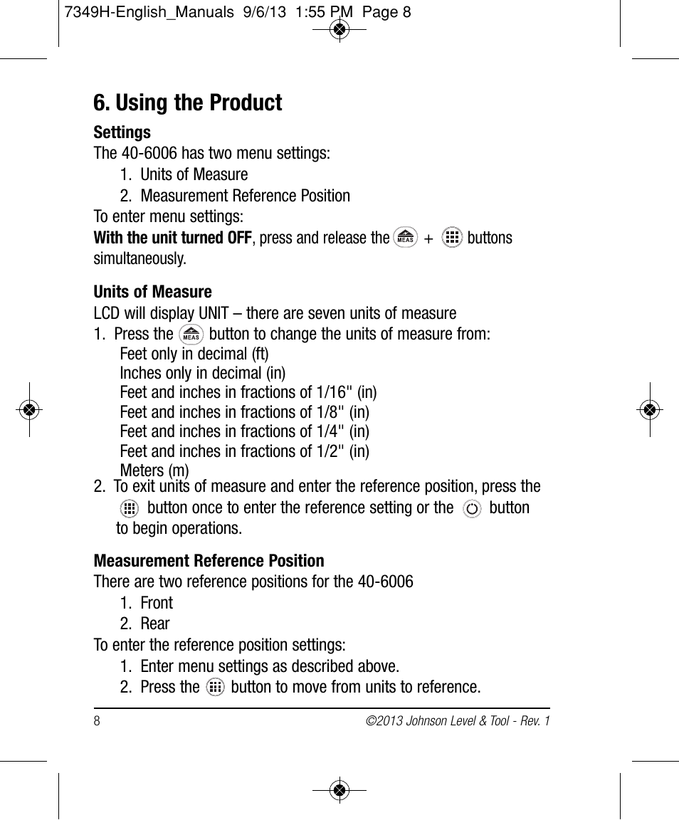 Using the product | Johnson Level & Tool Mfg. 40-6006 User Manual | Page 8 / 20