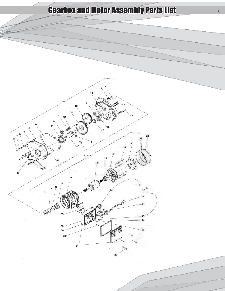 Gearbox and motor assembly parts list | Kushlan Products 600DD User Manual | Page 10 / 14