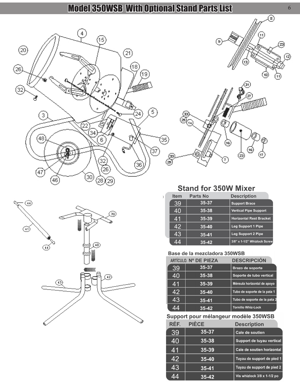 Model 350wsb with optional stand parts list | Kushlan Products 600W User Manual | Page 7 / 13