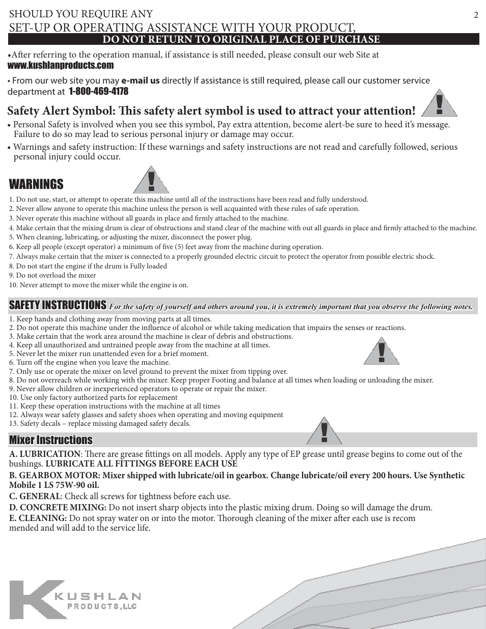 Warnings, Set-up or operating assistance with your product, Should you require any | Mixer instructions | Kushlan Products 350DD Epoxy User Manual | Page 2 / 8