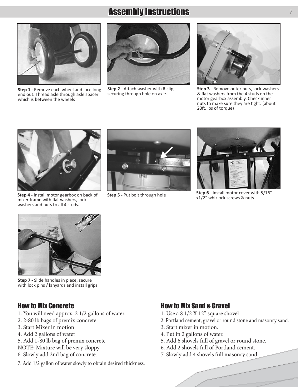 Assembly instructions, How to mix concrete, How to mix sand & gravel | Kushlan Products 350DD Epoxy User Manual | Page 7 / 8
