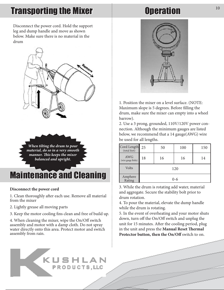 Transporting the mixer operation, Maintenance and cleaning | Kushlan Products 450DD User Manual | Page 10 / 11