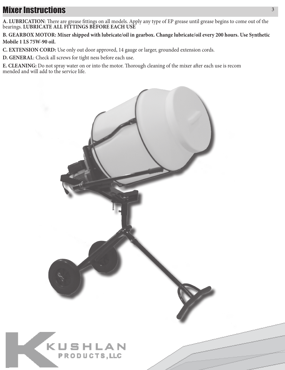 Mixer instructions | Kushlan Products 450DD User Manual | Page 3 / 11