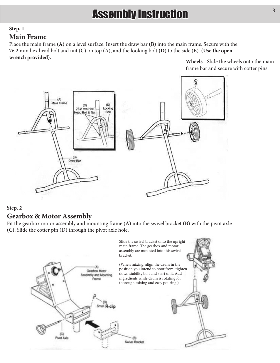 Assembly instruction, Main frame, Gearbox & motor assembly | Kushlan Products 450DD User Manual | Page 8 / 11