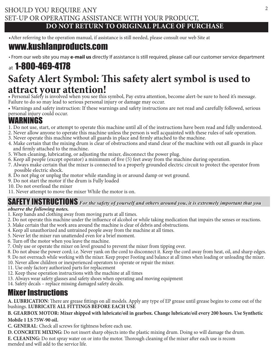 Warnings, Safety instructions, Mixer instructions | Kushlan Products 1000DD User Manual | Page 2 / 8