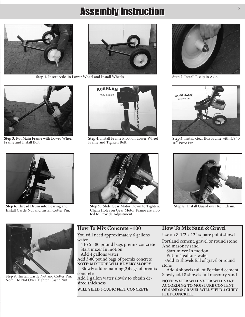 Assembly instruction, Gearbox and motor assembly parts list, How to mix concrete –100 | How to mix sand & gravel | Kushlan Products 1000DD User Manual | Page 7 / 8