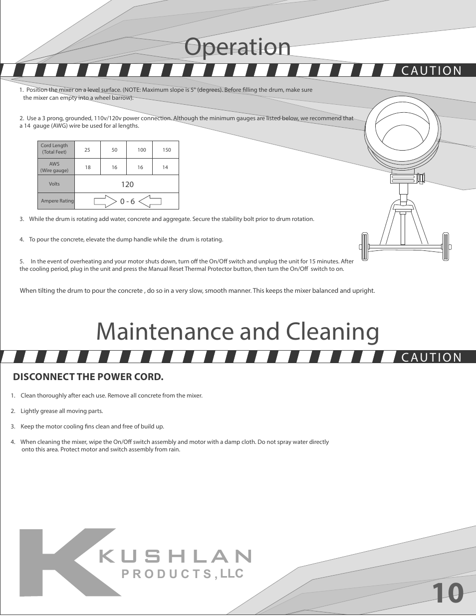 Ku s h la n, Operation, Maintenance and cleaning | Kushlan Products Industrial Portable Tripod Mixer User Manual | Page 11 / 12