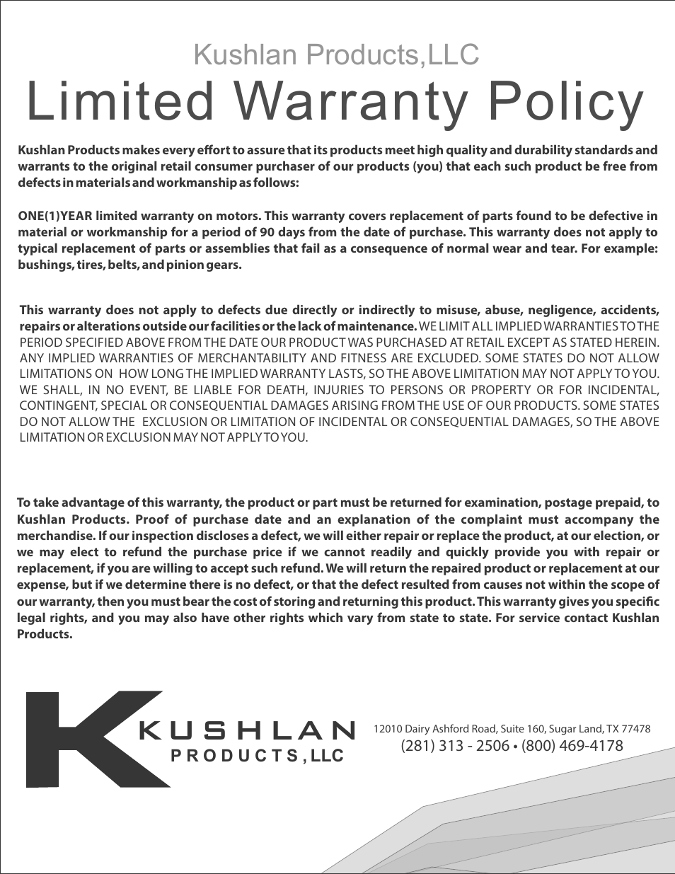 Limited warranty policy, Ku s h la n, Kushlan products,llc | Kushlan Products Industrial Portable Tripod Mixer User Manual | Page 12 / 12