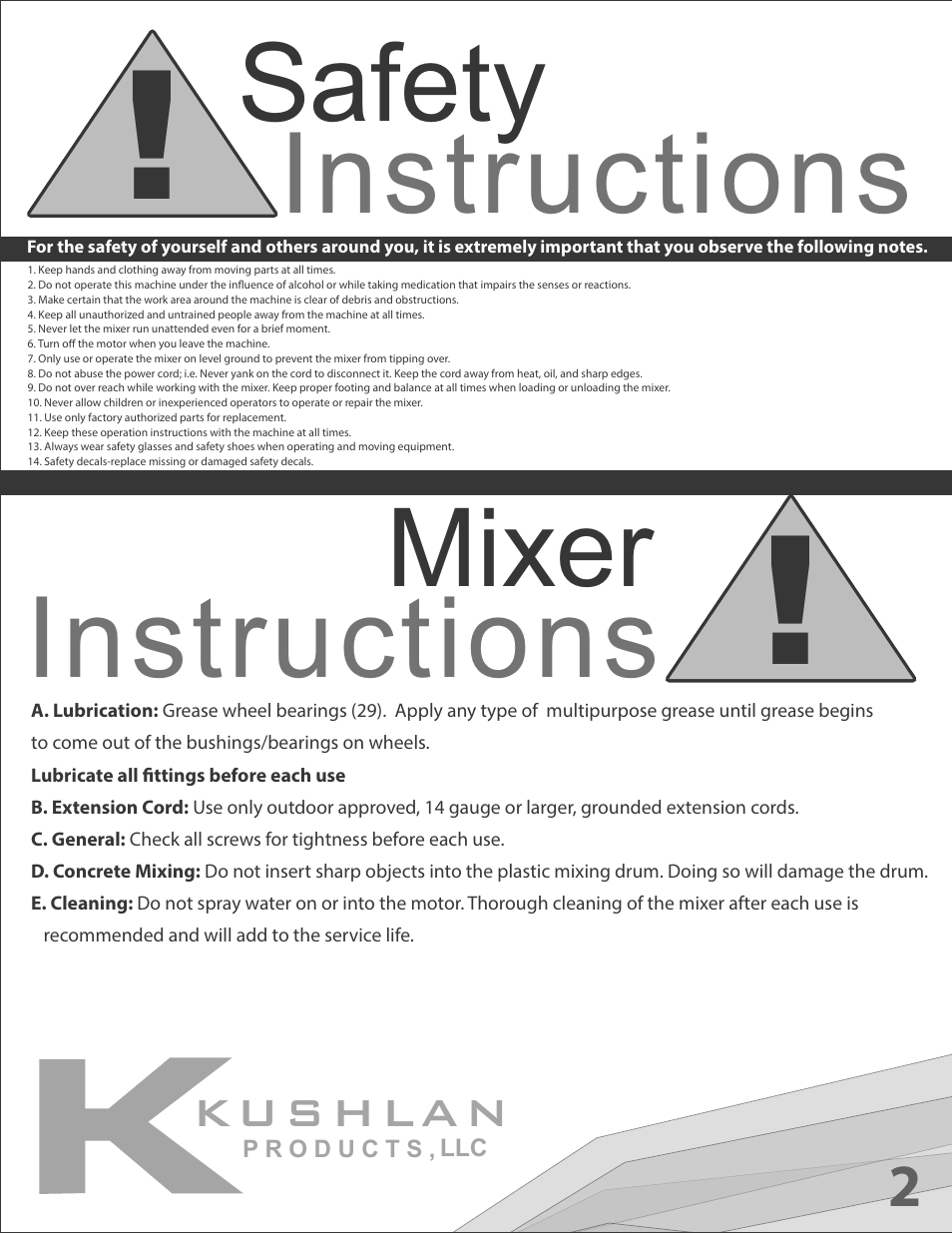Instructions, Safety, Mixer | Kushlan Products Industrial Portable Tripod Mixer User Manual | Page 3 / 12