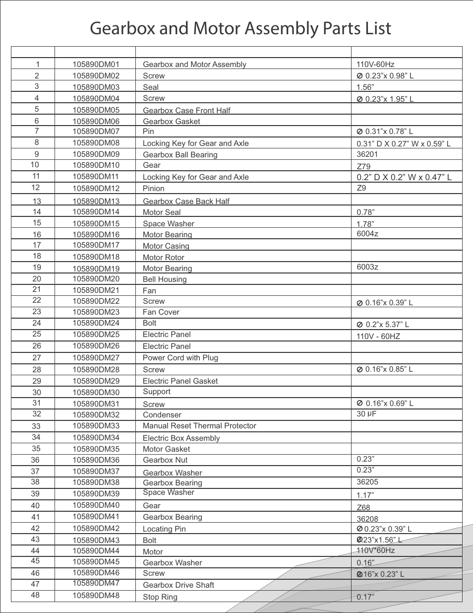 Gearbox and motor assembly parts list | Kushlan Products Industrial Portable Tripod Mixer User Manual | Page 6 / 12