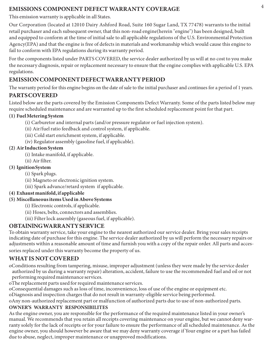 Emission component defect warranty period, Partscovered, 1) fuel metering system | 2) air induction system, 3) ignition system, 4) exhaust manifold, if applicable, Obtalnlngwarrantyservice, What is not covered, Owner’s warranty responsibilites, Emissions component defect warranty coverage | Kushlan Products KRM160 User Manual | Page 4 / 16