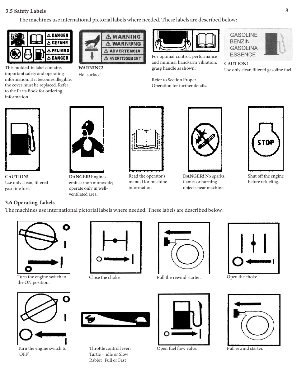 5 safety labels 8, 6 operating labels | Kushlan Products KRM160 User Manual | Page 8 / 16