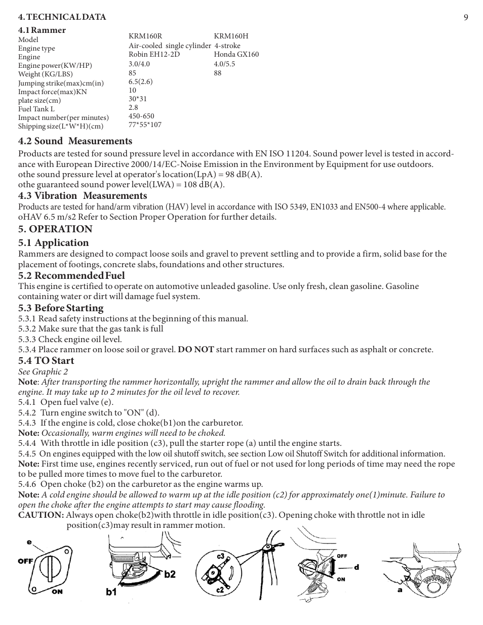 Technical data, 2 sound measurements, 3 vibration measurements | Operation, 2 recommendedfuel, 3 before starting, 4 to start, Operation 5.1 application | Kushlan Products KRM160 User Manual | Page 9 / 16