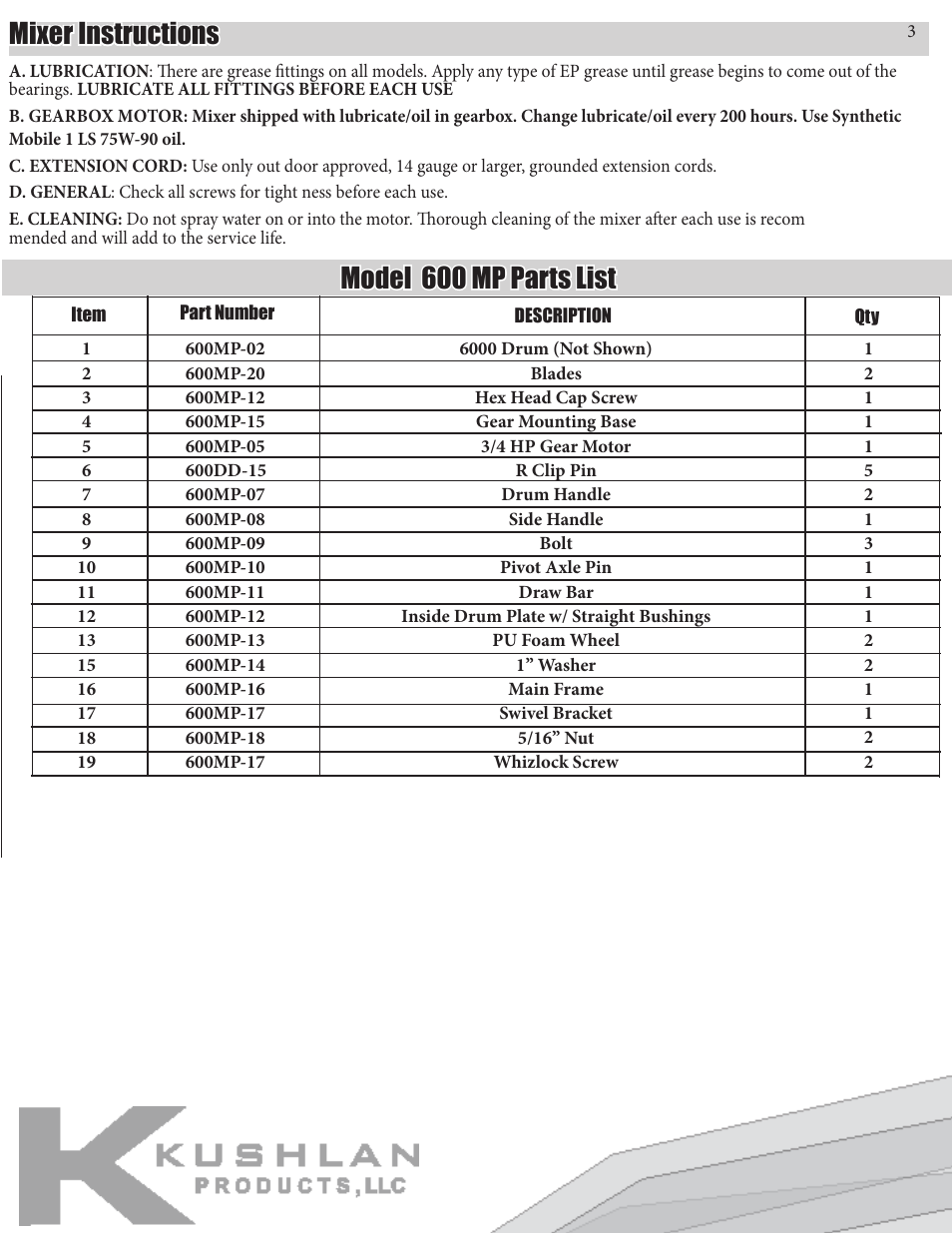 Mixer instructions, Model 600 mp parts list | Kushlan Products 600 Movable Pedestal User Manual | Page 3 / 11