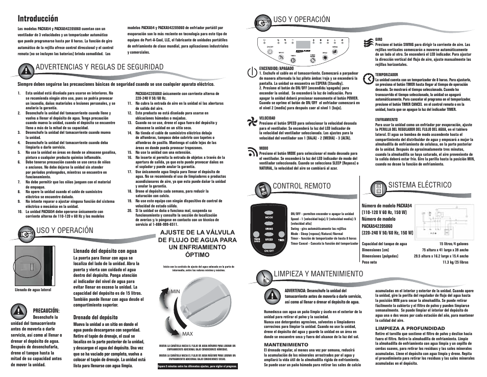 Adjusting water flow valve for optimal cooling, Introducción, Warnings and safety rules | Location parts description, Min max | KuulAire PACKA54 User Manual | Page 2 / 2