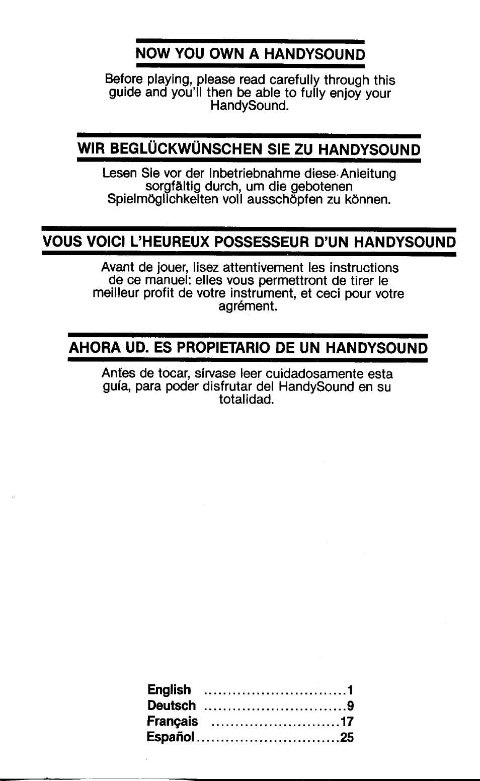 Now you own a handysound, Wir beglückwünschen sie zu handysound, Vous voici l’heureux possesseur d’un handysound | Ahora ud. es propietario de un handysound | Yamaha HS-501 User Manual | Page 2 / 12