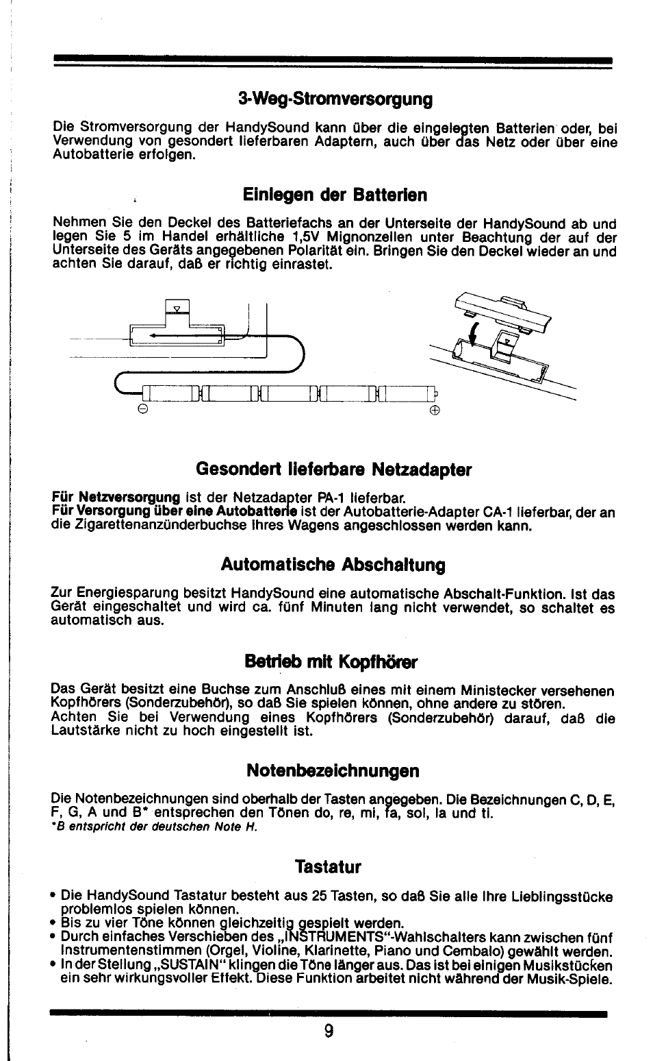 Weg-stromversorgung, Einlegen der batterien, Gesondert lieferbare netzadapter | Automatische abschaltung, Betrieb mit kopfhörer, Notenbezeichnungen, Tastatur | Yamaha HS-501 User Manual | Page 3 / 12