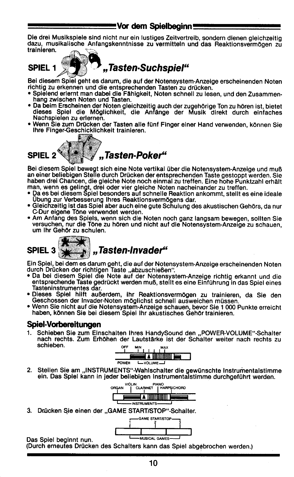 Vor dem spielbeginn, Tasten-suchspiel, Spiel 2^ *j /„tasten-poker | Spiel 3, Tasten-poker, Tasten-invader, Spiel 1, Spiel 2^ *j, Spiel-vorbereitungen | Yamaha HS-501 User Manual | Page 4 / 12