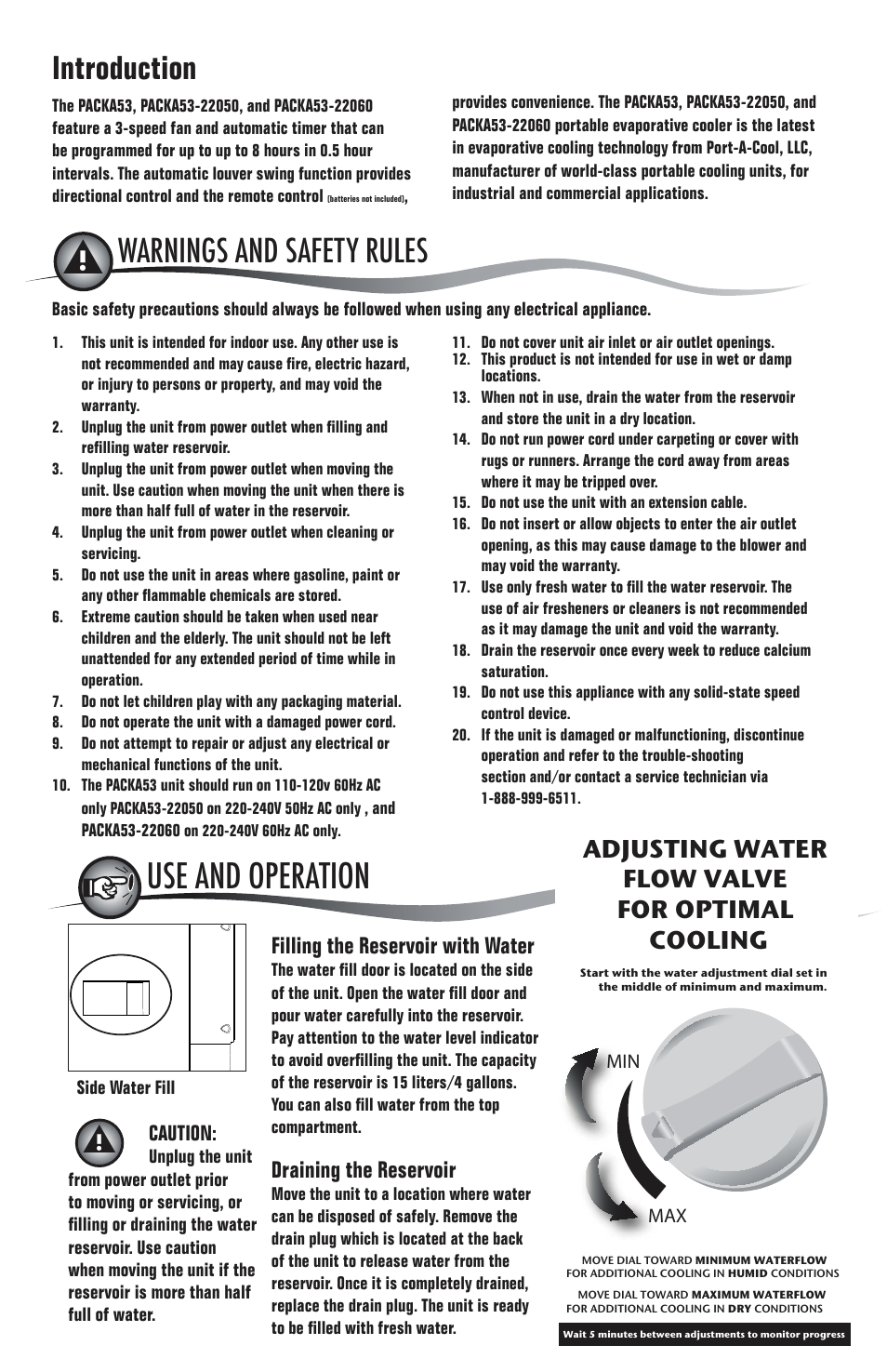 Adjusting water flow valve for optimal cooling, Min max, Introduction | Warnings and safety rules, Location parts description | KuulAire PACKA53 User Manual | Page 2 / 4