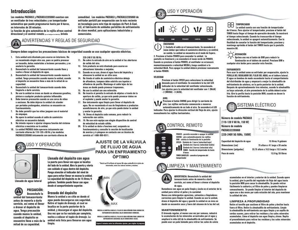 Adjusting water flow valve for optimal cooling, Introducción, Warnings and safety rules | Location parts description, Min max | KuulAire PACKA53 User Manual | Page 2 / 2