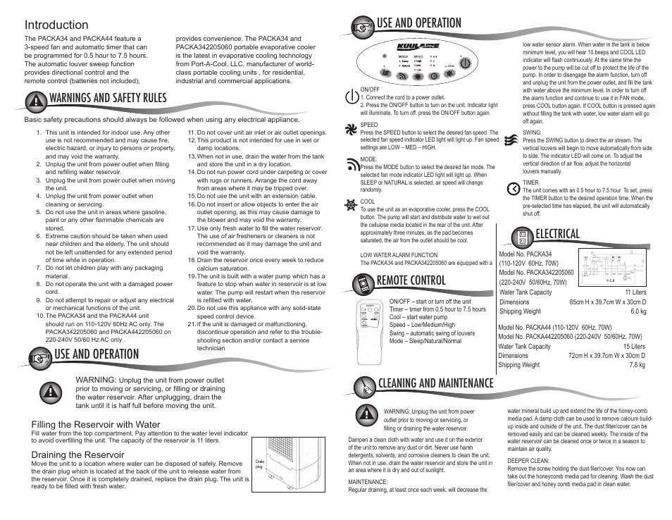 Introduction, Warnings and safety rules, Location parts description | KuulAire PACKA34 User Manual | Page 2 / 2