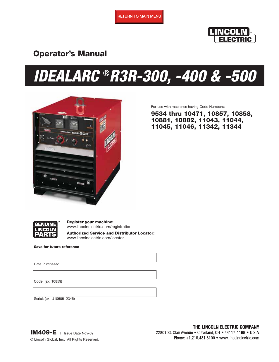 Lincoln Electric IM409 IDEALARC R3R-400 User Manual | 32 pages