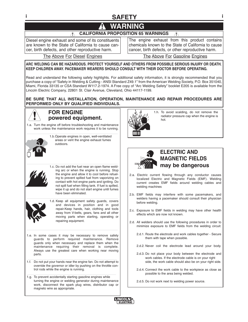 Warning, Safety, For engine powered equipment | Electric and magnetic fields may be dangerous | Lincoln Electric IM409 IDEALARC R3R-400 User Manual | Page 2 / 32