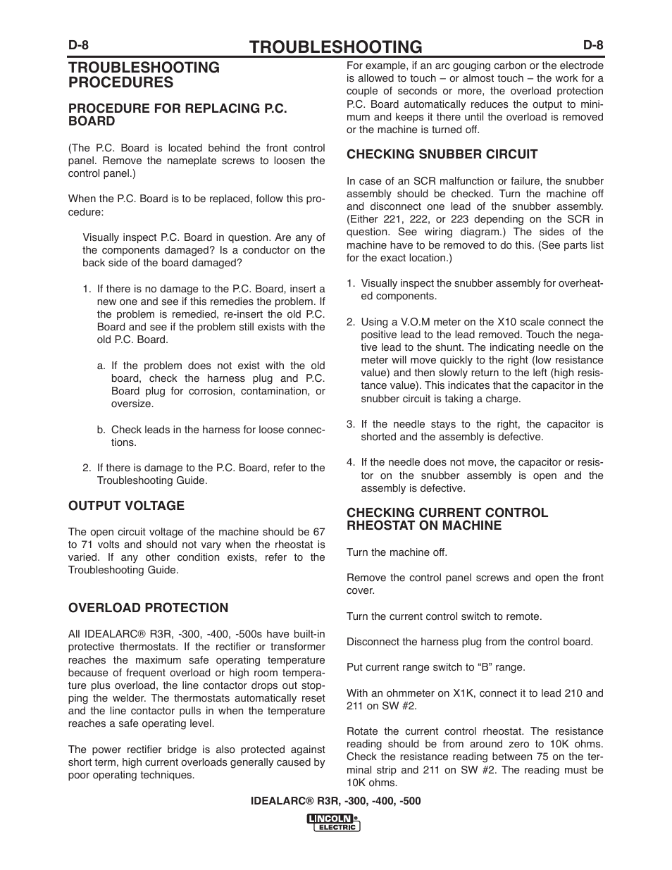 Troubleshooting, Troubleshooting procedures | Lincoln Electric IM409 IDEALARC R3R-400 User Manual | Page 20 / 32