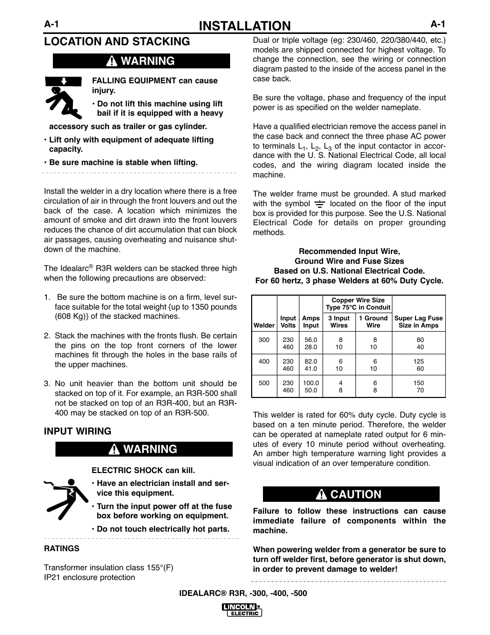 Installation, Location and stacking, Warning | Caution, Input wiring | Lincoln Electric IM409 IDEALARC R3R-400 User Manual | Page 8 / 32