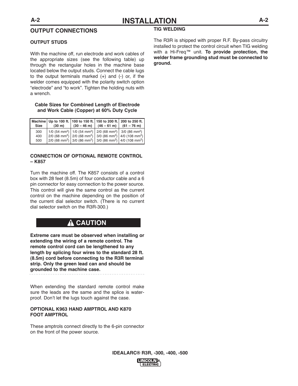 Installation, Caution, A-2 output connections | Lincoln Electric IM409 IDEALARC R3R-400 User Manual | Page 9 / 32