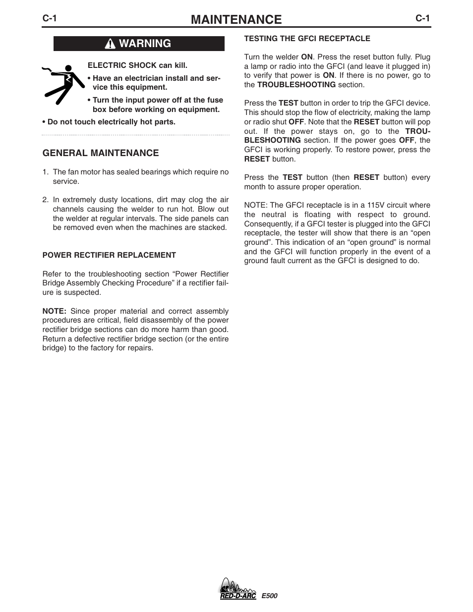 Maintenance, Warning | Lincoln Electric IM656 RED-D-ARC E500 User Manual | Page 10 / 28