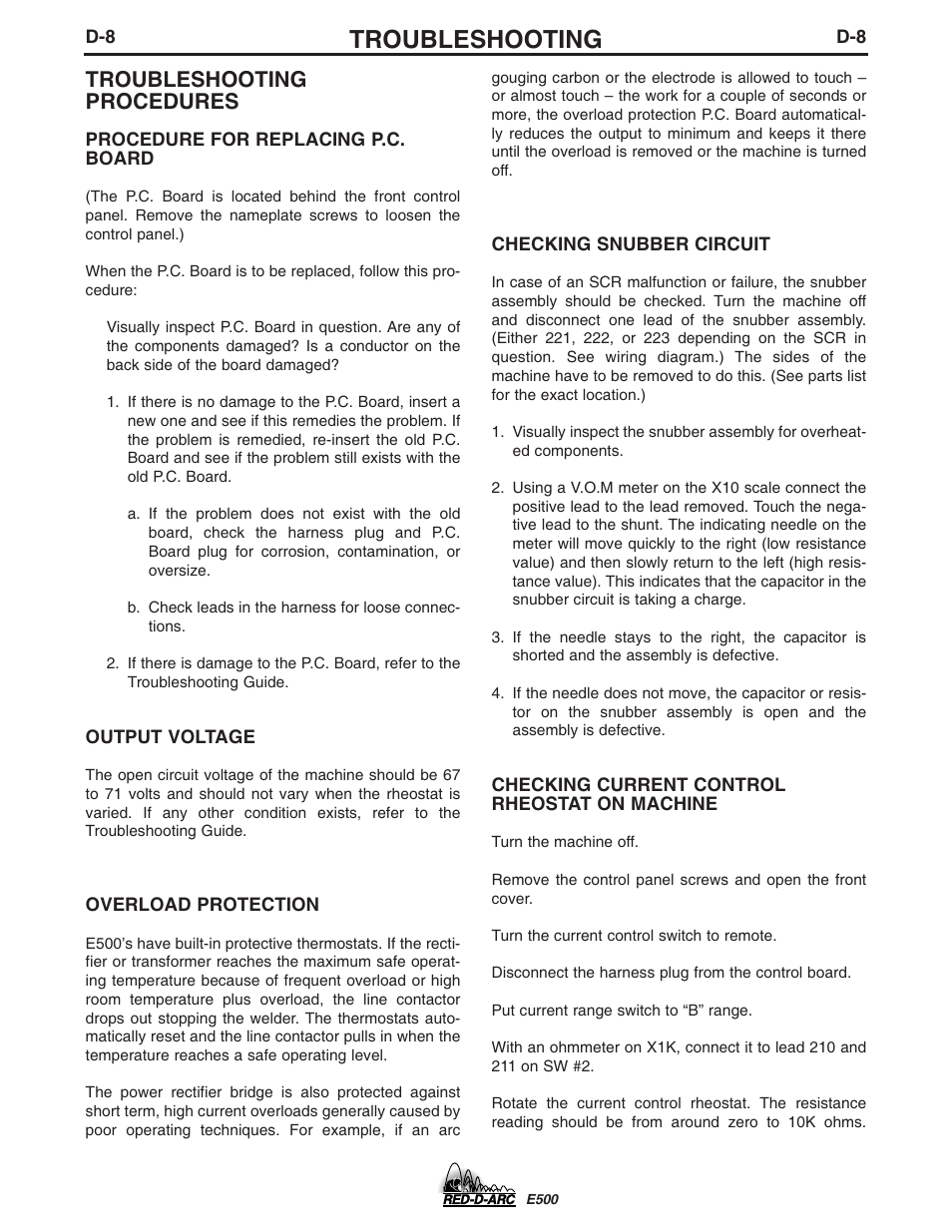 Troubleshooting, Troubleshooting procedures | Lincoln Electric IM656 RED-D-ARC E500 User Manual | Page 18 / 28