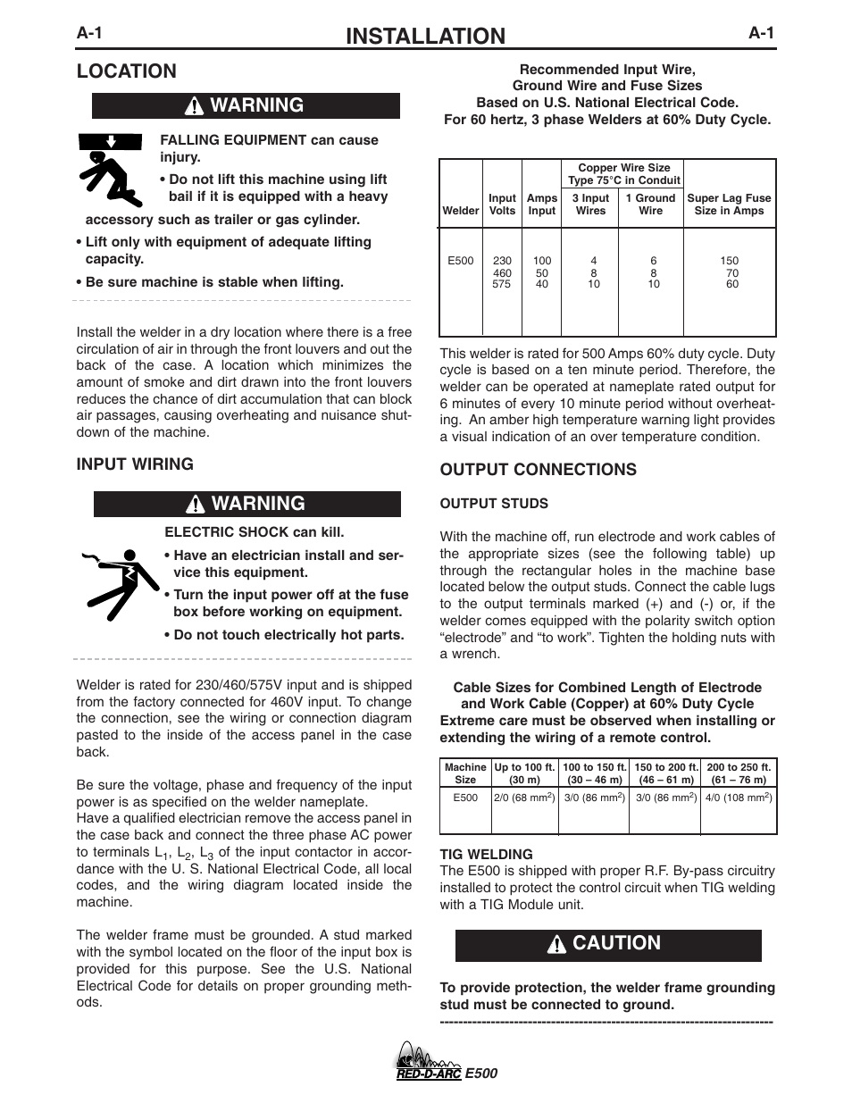 Installation, Location, Warning | Caution, Input wiring, Output connections | Lincoln Electric IM656 RED-D-ARC E500 User Manual | Page 8 / 28